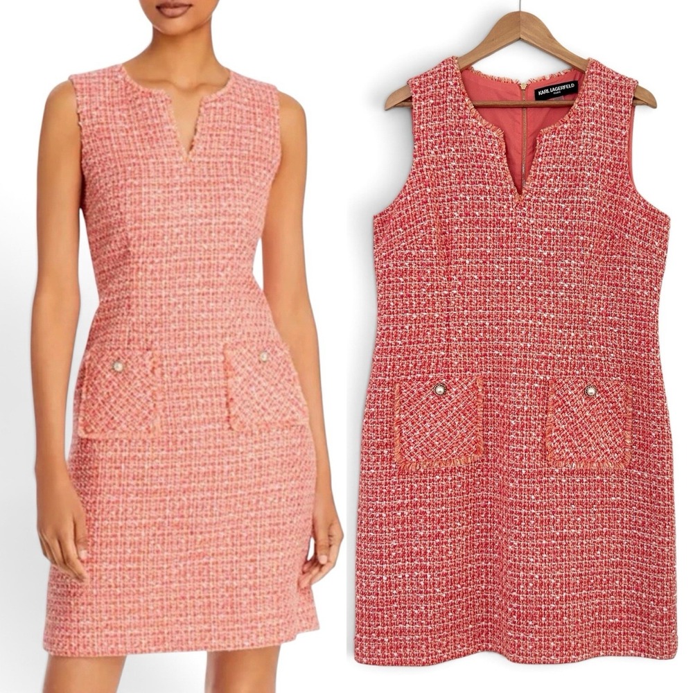 Karl Lagerfeld Women 14 Pink Orange Multicolor Pearl Frayed Trim Tweed Dress NEW